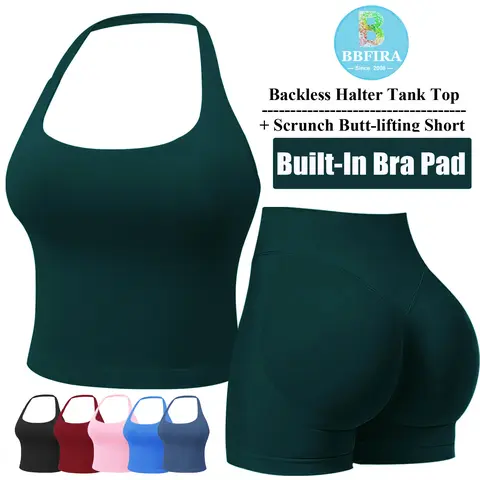 BBFIRA Women's 2-Piece Seamless Halter Athleisure Clothes Set - Backless Crop Top, Scrunch Bum Butt Lift Shorts Sportswear Set, Elastic Lightweight Athletic Outfits for Seamless Yoga, Dancing