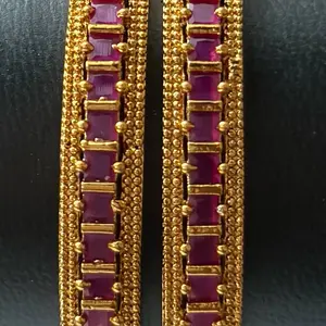 Traditional South Indian Bangles in Ruby Colored Stone. Set of 2 Pieces. South Indian Style. Perfect for Any Occassion