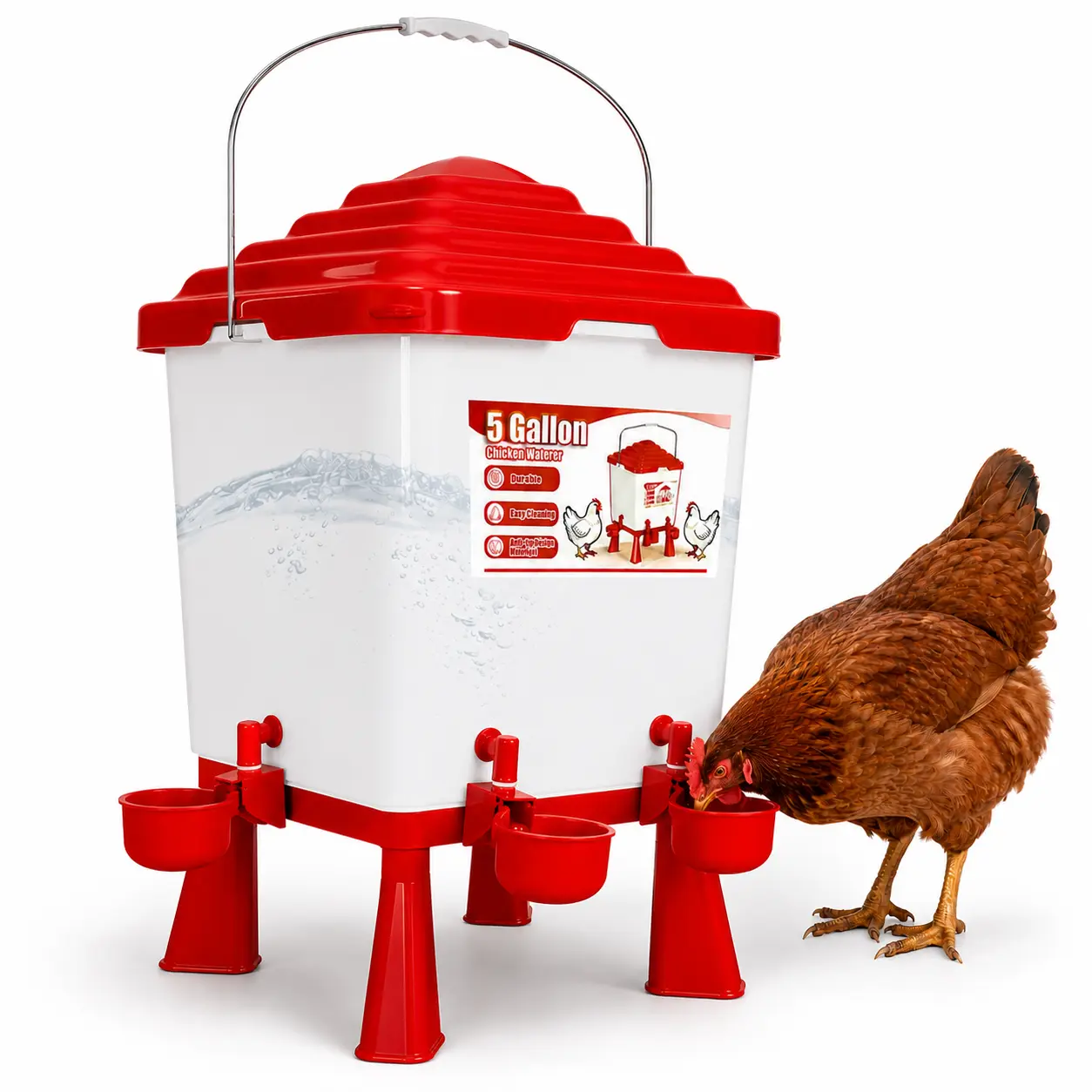 5 Gal Automatic Chicken Waterer with 4 Anti-Leak Drinking Cups, Elevated Stand, Anti-Roosting Top, PP Transparent Tank & Portable Handle for Poultry (Chickens, Ducks) Outdoor Coop Use