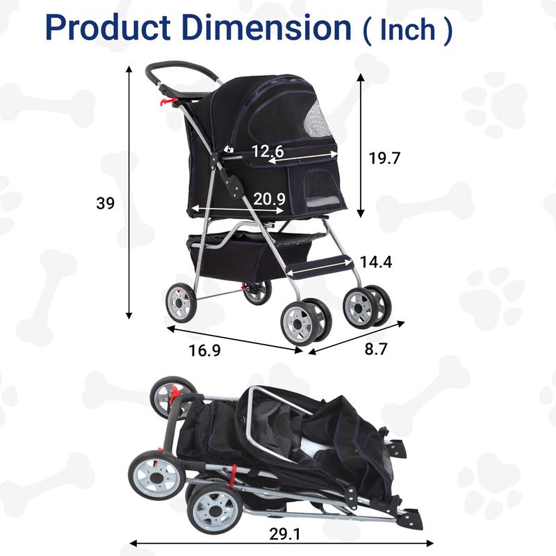 BestOffice 3/4 Wheels Pet Stroller for Cats & Dogs All Pets Up to 25lbs Foldable Travel Carrier Safety Leash & Mesh Windows Lightweight Jogger Stroller with Storage Basket