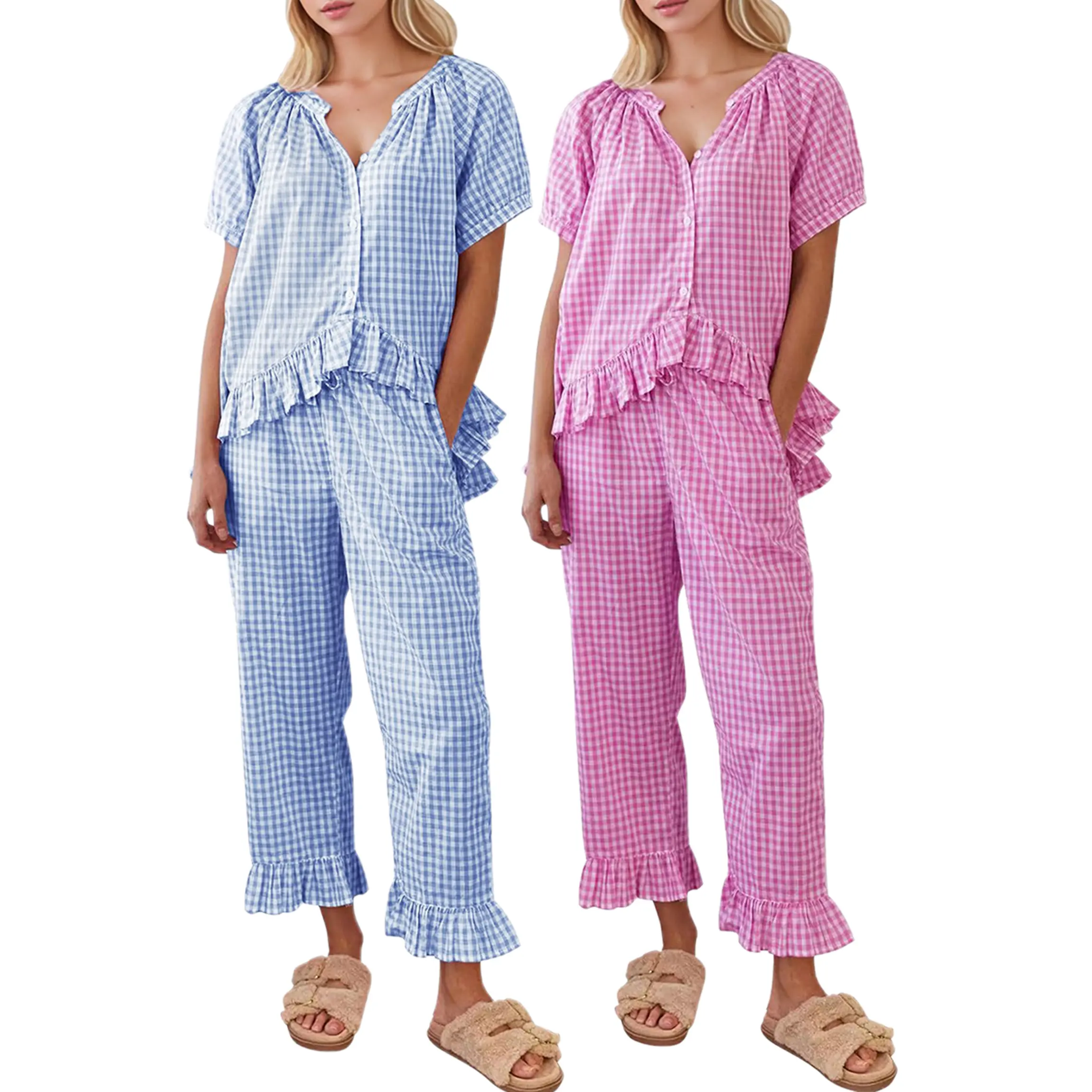 Buenoble Womens Plaid 2 Piece Pajamas Sets Gingham Button Down Puff Sleeve Babydoll Shirt Ruffle Pants Y2K Pjs Lounge Set