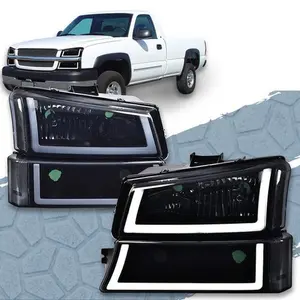 CROSSDESIGN 4PCS Chrome Housing Smoked Headlights Lamps W/ LED DRL Fit For 03-06 Silverado