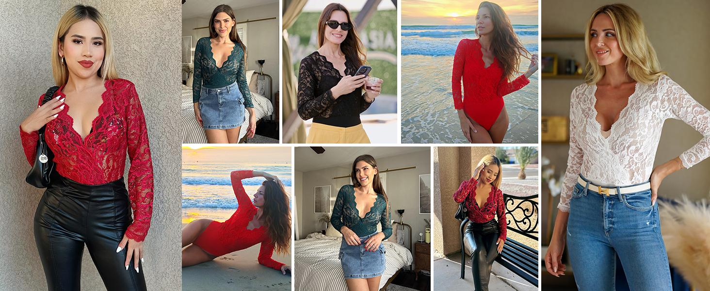 Avidlove Lace Bodysuit for Women Long Sleeve V Neck Body Suits Going Out Tops Snap Crotch One Piece Lingerie SpringStatements