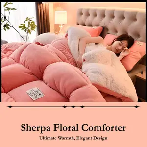Korean Style Flower 3D Printed Sherpa Comforter Queen Size 200x230cm Ultra Soft Thick Reversible Winter Bedding Set Breathable Duvet Insert