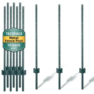 TECSPACE Metal Fence Post, 3 ft Heavy Duty U-Post with Anchor Plate and Adjustable Tabs, Rust-Proof Steel Stakes for Garden, Farm, Lawn, 10 Pack (4 Feet)