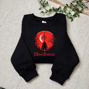 Bloodborne Inspired Embroidered Sweatshirt, Gothic Game Hoodie, Dark Fantasy Hunter Shirt, Blood Moon Gaming Shirt, Gamer Gift for Him Her
