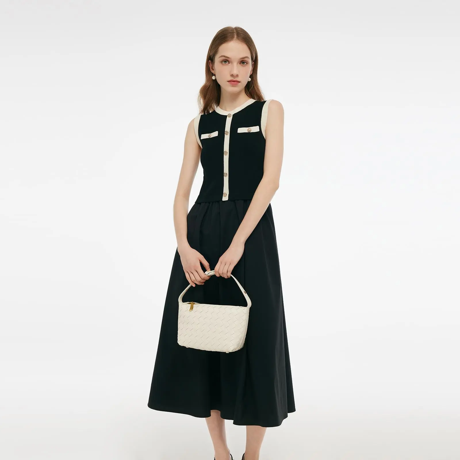 Lyocell Contrast Trim Patchwork Women Vest Midi Dress