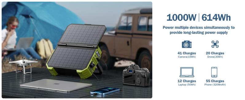 BROWEY Portable Power Station, 1000W Solar Generator with Built-in Solar Panel, 614WH/192000mAh LiFePO4 Battery Pack, AC/DC/USB/PD Outputs, for Outdoor Camping, RV Travel, Emergency Preparedness