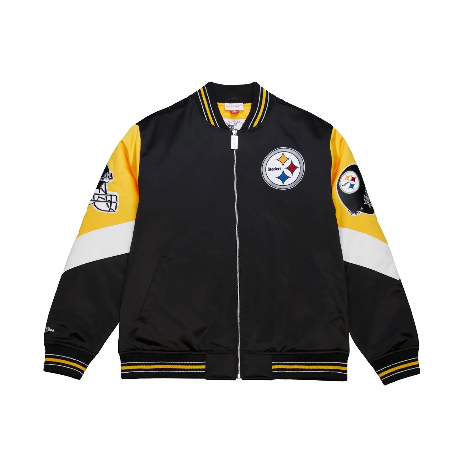 Mitchell & Ness Men's Pittsburgh Steelers Graphic Casual Regular-Fit Black Vintage Heavyweight Satin Full-Zip Jacket, Team Logos, Jackets Zip Up