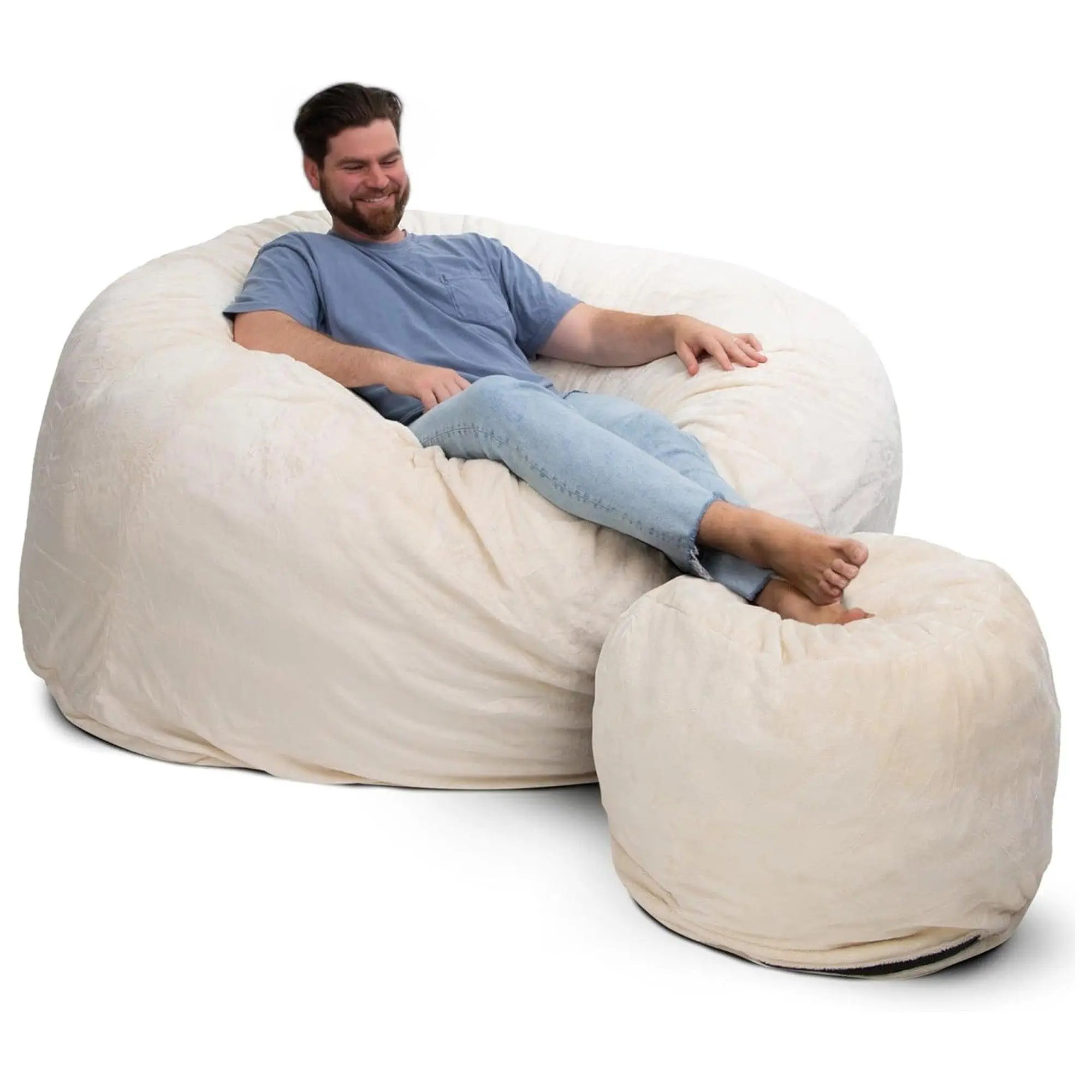 Ultimate Sack 6ft Bean Bag Chair and Footstool, Oversized Lounger, Ivory Fur