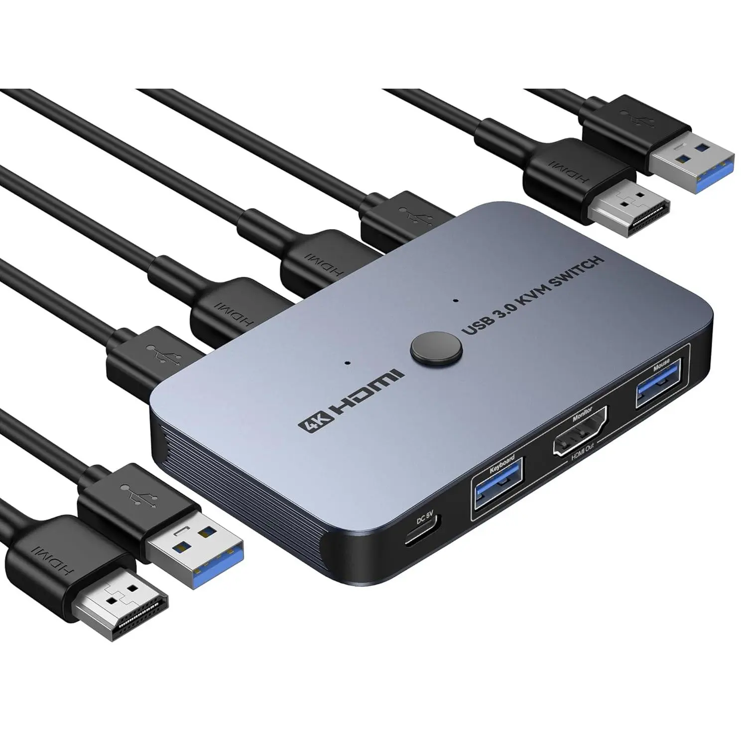 KVM Switch, Aluminum KVM Switch HDMI,USB Switch for 2 Computers Sharing Mouse Keyboard Printer to One HD Monitor, Support 4K@60Hz,2 HDMI Cables, 2 USB Cables and 1 Charing Cable Included