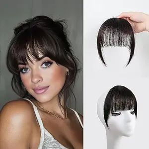 Clip in Bangs 100% Real Human Hair Extensions Invisible Fake Curtain Curved French Fringe Bang with Temples Faux Natural Clips on Hairpieces for Women Girls Party Daily Use Black Brown topper thinning secure hairtoppers