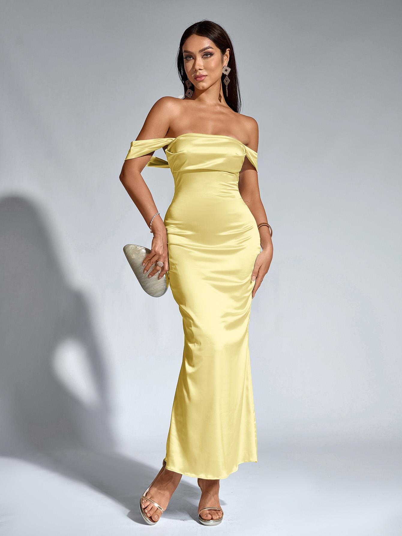 Off-neck Backless Ruched Bodycon Satin Dress,a Bodycon Long Dress Makes an Elegant and Stylish Prom Outfit Choice Off-neck Backless Ruched Bodycon Satin Dress,a Bodycon Long Dress Makes an Elegant and Stylish Prom Outfit Choice