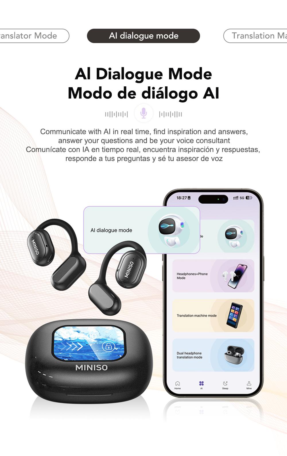MINISO X30 OWS Translation Wireless Bluetooth Earphones Support 135 Languages Real Time Bluetooth Translation,35Hours Play time,OWS Headphones Long Distance Connection Headset with Charging Case,Light-Weight Headphones Built-in Microphone