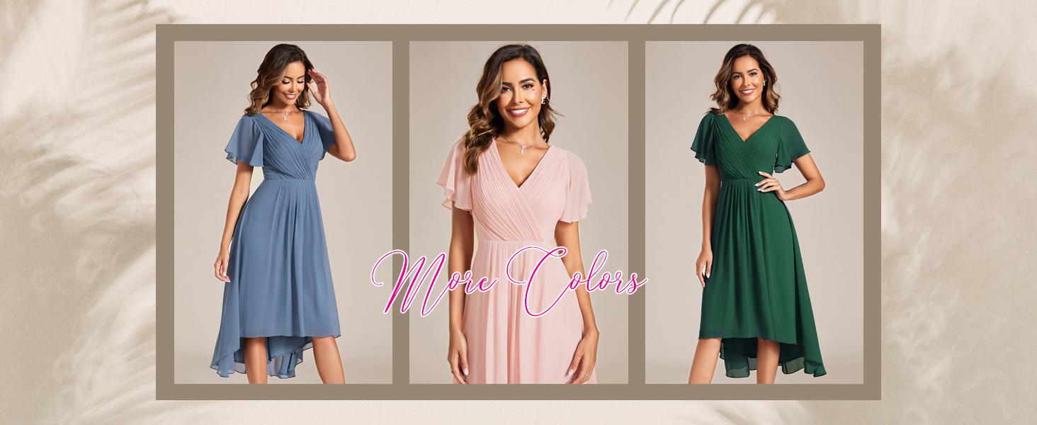 Ever-Pretty 2026 【Plus size curvy dresses】,Chic V Neck Asymmetrical Hem Ruffles Sleeve Pleated Chiffon Wedding Guest Dress for Women Minimalist Shortsleeve Basic Comfort Formal 01923 Womenswear