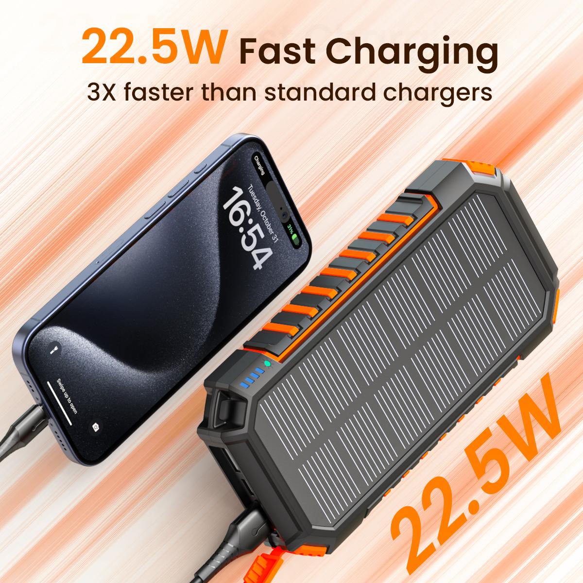 Solar Charger Power Bank 22.5W Fast Charging Portable Phone Charger, USB C PD External Battery Pack with 3 USB Outputs for Cellphone Tablet