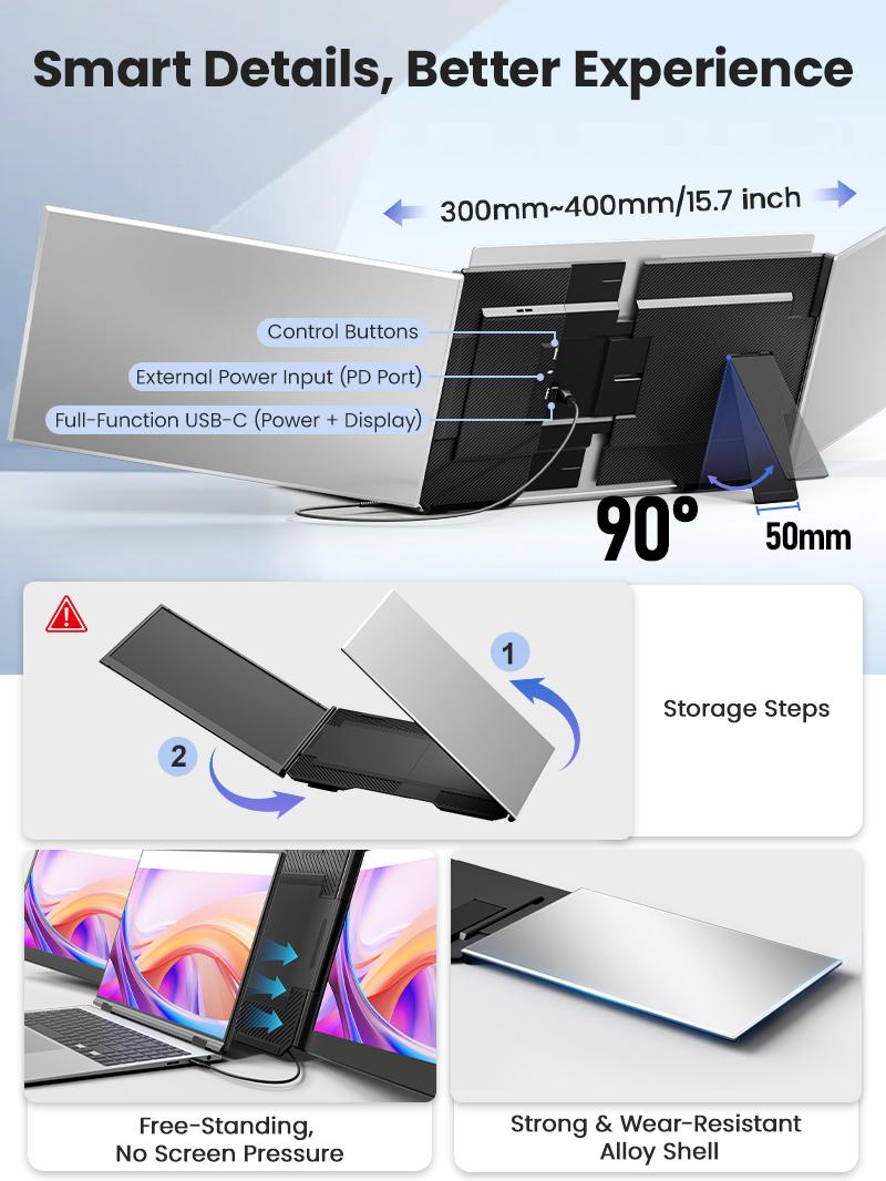 【WeeklyDeals】Cevaton One Cable Laptop Screen Extender, 15.6” Ultra-Slim Dual Portable Monitor, 1080P FHD IPS Display, USB-C/USB-A Connection, Travel Monitor for 13–17.3" Laptops, MacOS/Windows/Android