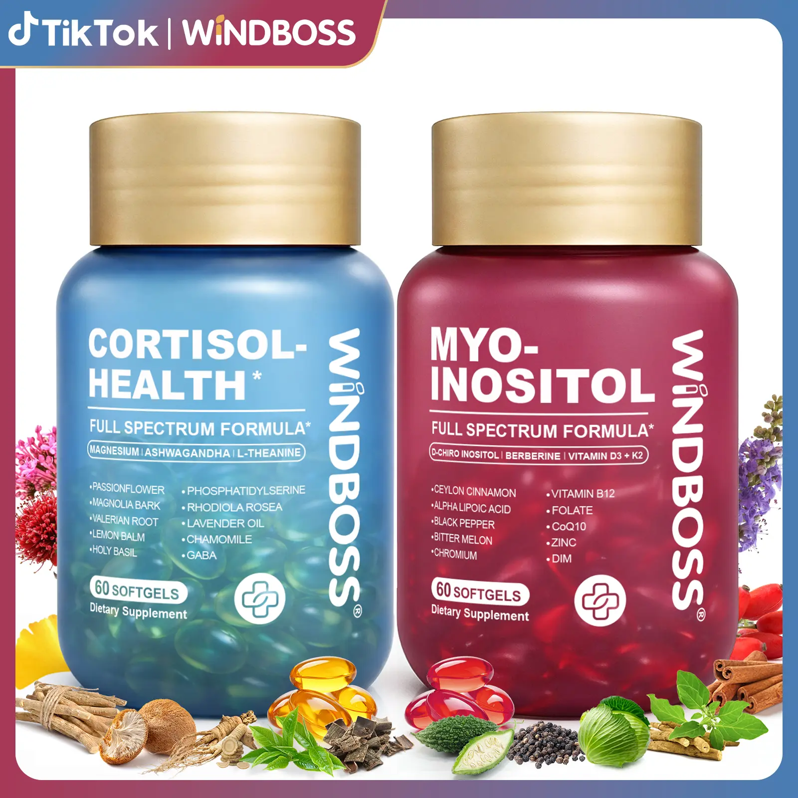 WindBoss Cortisol Support + Myo-Inositol with Vitamins D3 & K2, Magnesium, KSM-66 Ashwagandha and L-Theanine, for Hormonal Balance and Healthy Metabolism, 2-Bottle Set