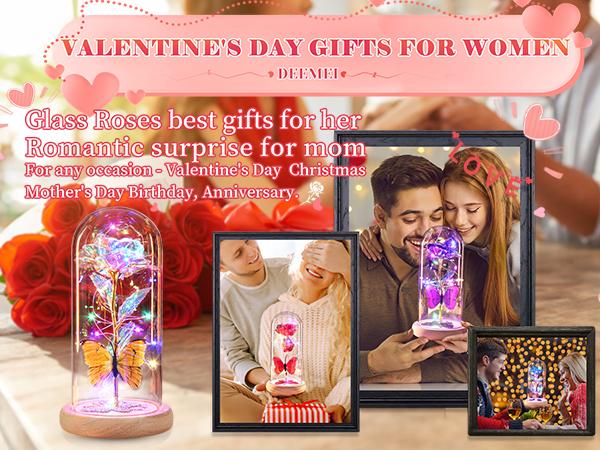 DEEMEI Birthday Gifts for Women Eternal Flower Light Up Galaxy Rose in Glass Dome with Butterfly Valentines Day Gifts for Her Mom Girlfriend Daughter
