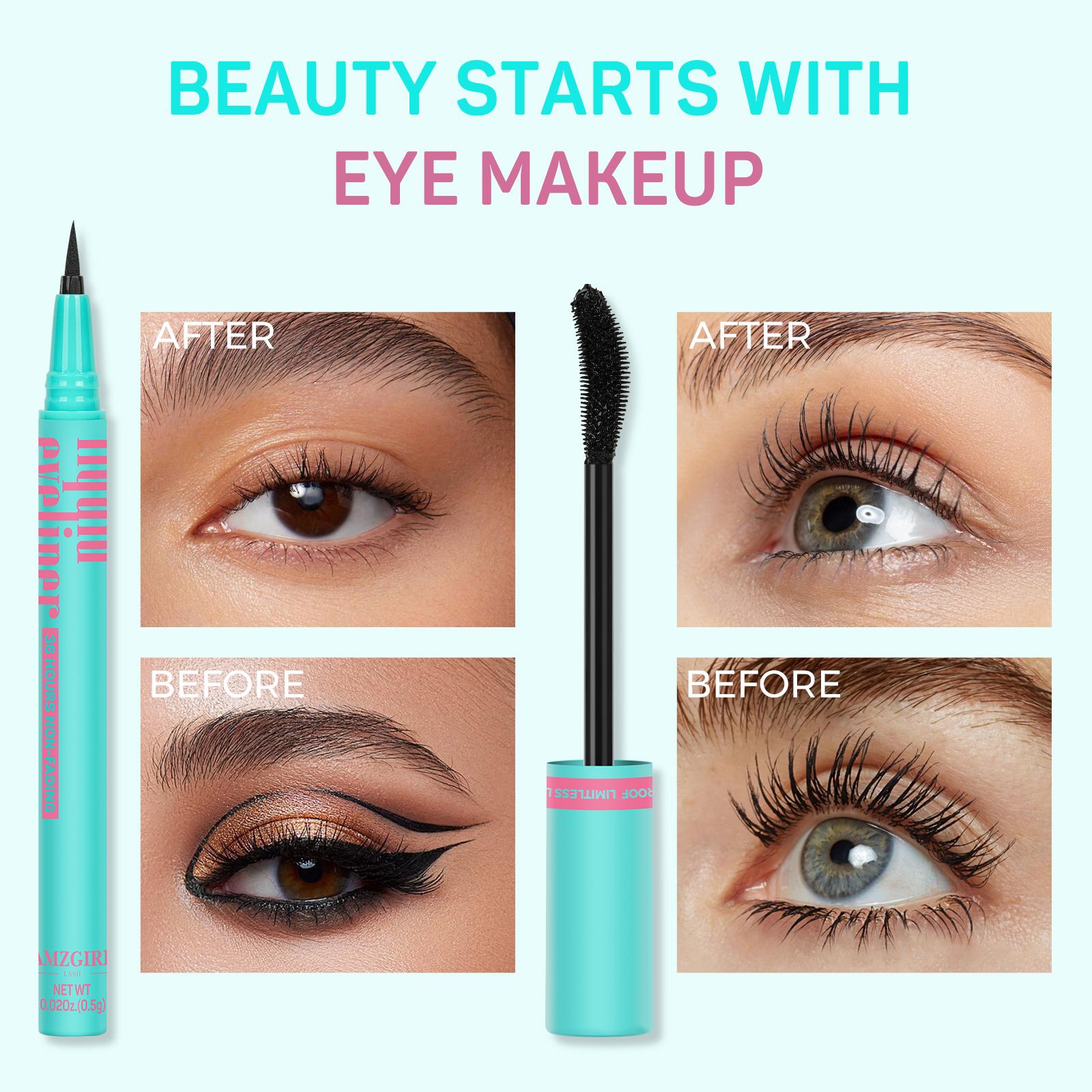 Amzgirl Makeup Fanning Voluming Mascara Waterproof 36Hours No Smudging (6g)+Eyeliner Long Lasting Waterproof Eye Makeup Cosmetic Eyebrow Pencils mascara volume and length mascara mascaras