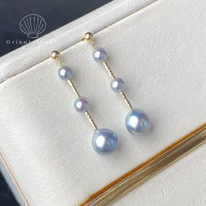 E11-Blue Rhythm Natural Saltwater Pearls Earring with S925 Sterling Silver Settings in Gold color Dangle Earring Blue Akoya Seawater Pearls Madama Pearls Earrings