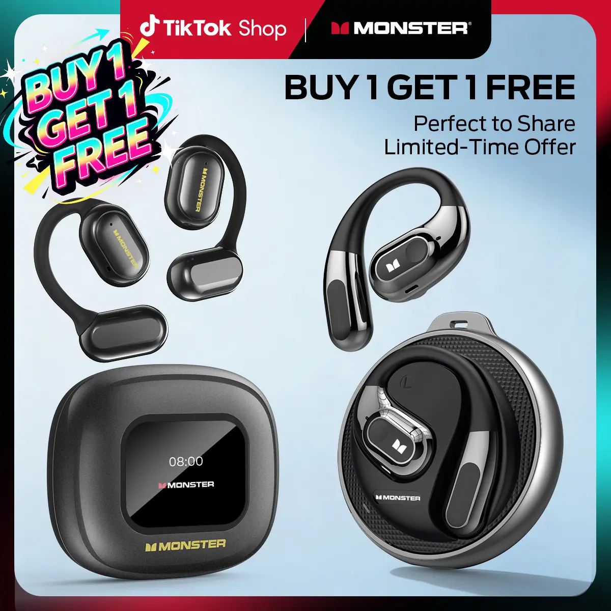 Buy 1 Get 1 FREE! Monster Open Touch Pro 100 Open-Ear Bluetooth Headphones with Touchscreen, ENC, TF Card Support + FREE AC330 Earbuds