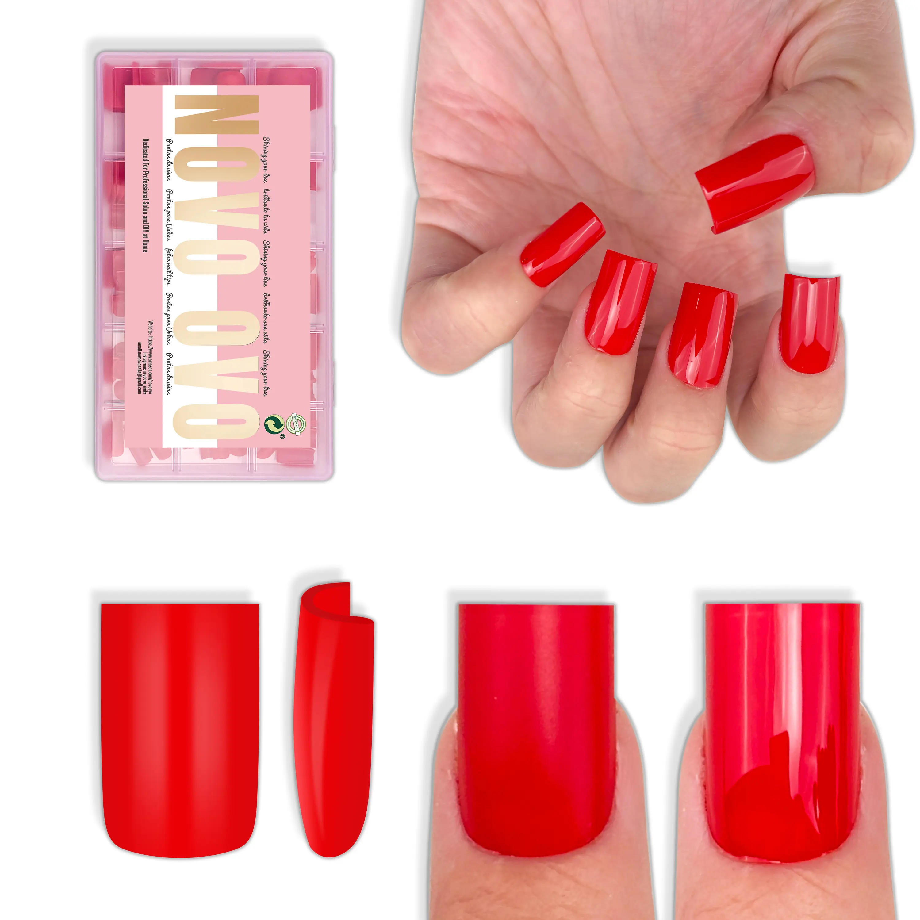 Short Sharp Square Nail Tips Pure Color Red 