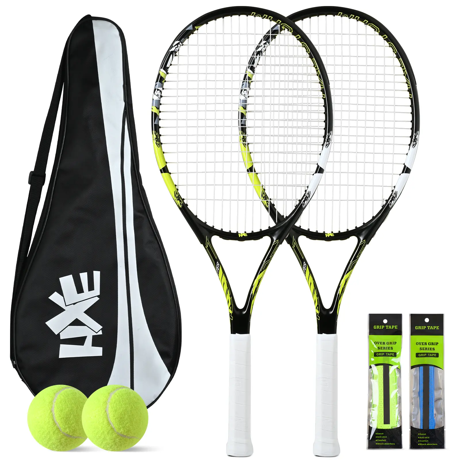 HXE Tennis 2-Racquet Set Pre-strung 27-inch Rackets Includes Carry Bag & 2 Balls Designed for All Skill Levels Black Pro Outdoor Dampeners