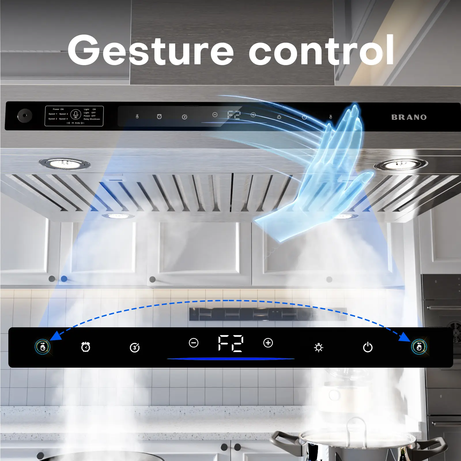 BRANO 36-Inch Kitchen Island Mount Range Hood, 900 CFM 4-Speed Stainless Steel Vent Hood with Multi-Control (Voice/Gesture/Touch), LED Light, Grease Filter, Smoke Capture & Manufacturer Warranty