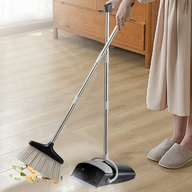 Gray-Black Plastic Broom and Dustpan Set, 2-in-1 Household Hard Floor Cleaning Tool, Thick Broom, Hair-Free Included Pan, Time-Saving Clean Faster Less Effort Home Care Supplies