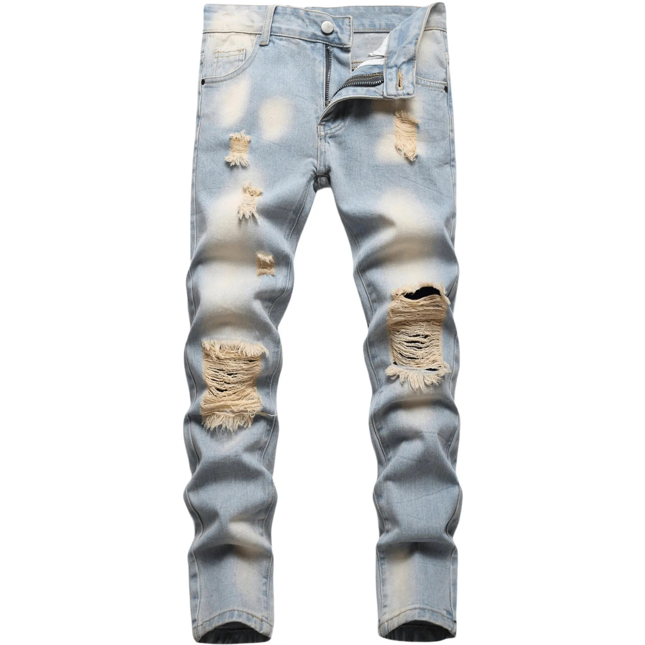 Skinny Fit Solid Color Boy's Jeans - Fashionable Ripped Distressed Destroyed Washed Denim Pants​​