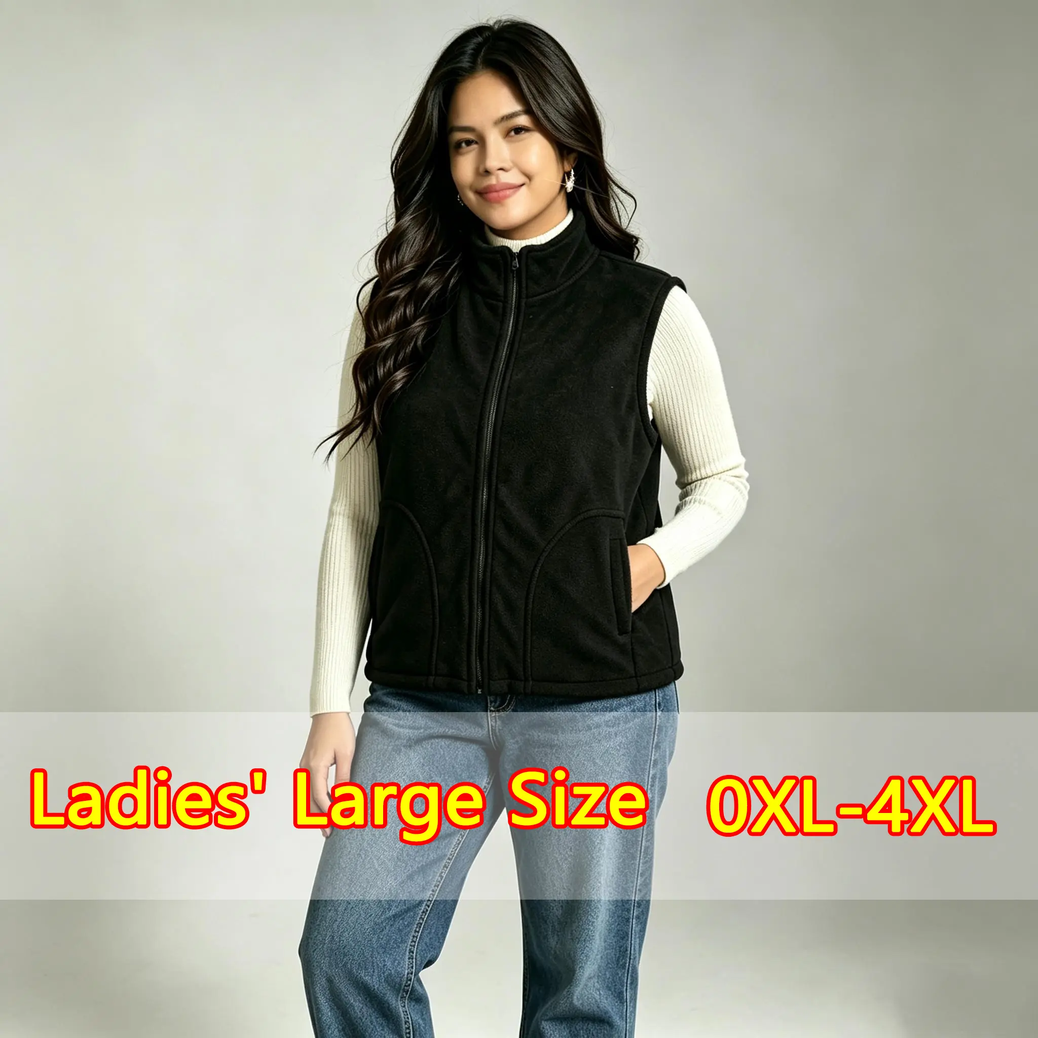 Women's Plus-Size Stand Collar Fleece Zip Vest Tops - Sleeveless Warm Layering Outerwear, Solid Black Casual Style for Autumn/Winter