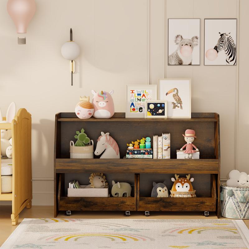 COZPAW Toy Storage Organizer, 2 Tier Montessori Shelf with Movable Bins, Toy Organizers Book Shelf for Kids Room, Playroom, Nursery