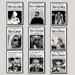 12 Zodiac Sign Trendy Newspapers Magazine Headline wall art, Classic Black & White Editorial Aesthetic unframed poster, Girly Horoscope Astrology Fashion Print, Room Decor
