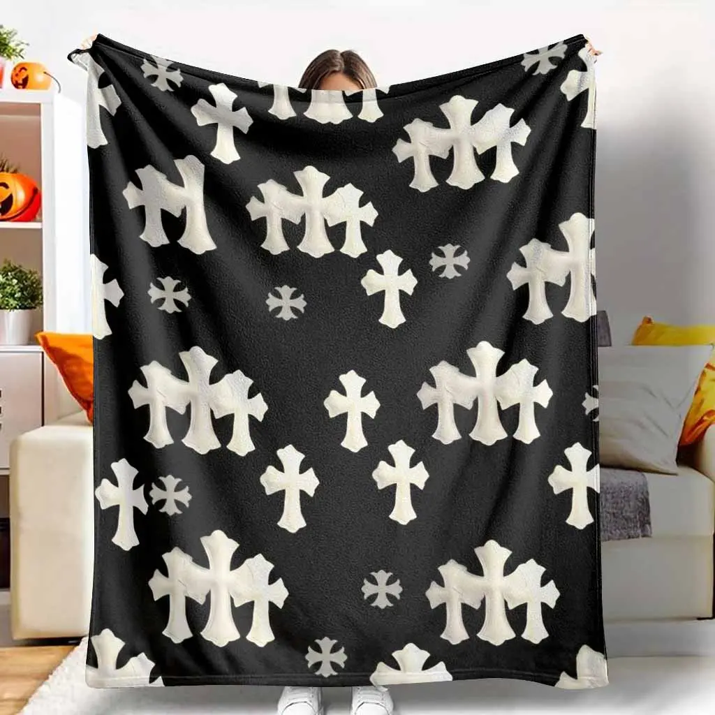 Gothic Cross Pattern Blanket Vintage Ivory Cross Print Design Soft Warm Cozy Fade Resistant Lightweight Throw Perfect for Bedroom Sofa Living Room Meditation Gift Decor tik tok shop spring glow up