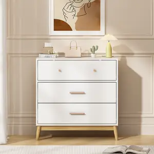 Nordic Style 3-Drawer Storage Cabinet, Modern White Chest of Drawers with Rose Gold Handles & Solid Wood Base, Small Space Organizer for Office, Kids Room, Nursery