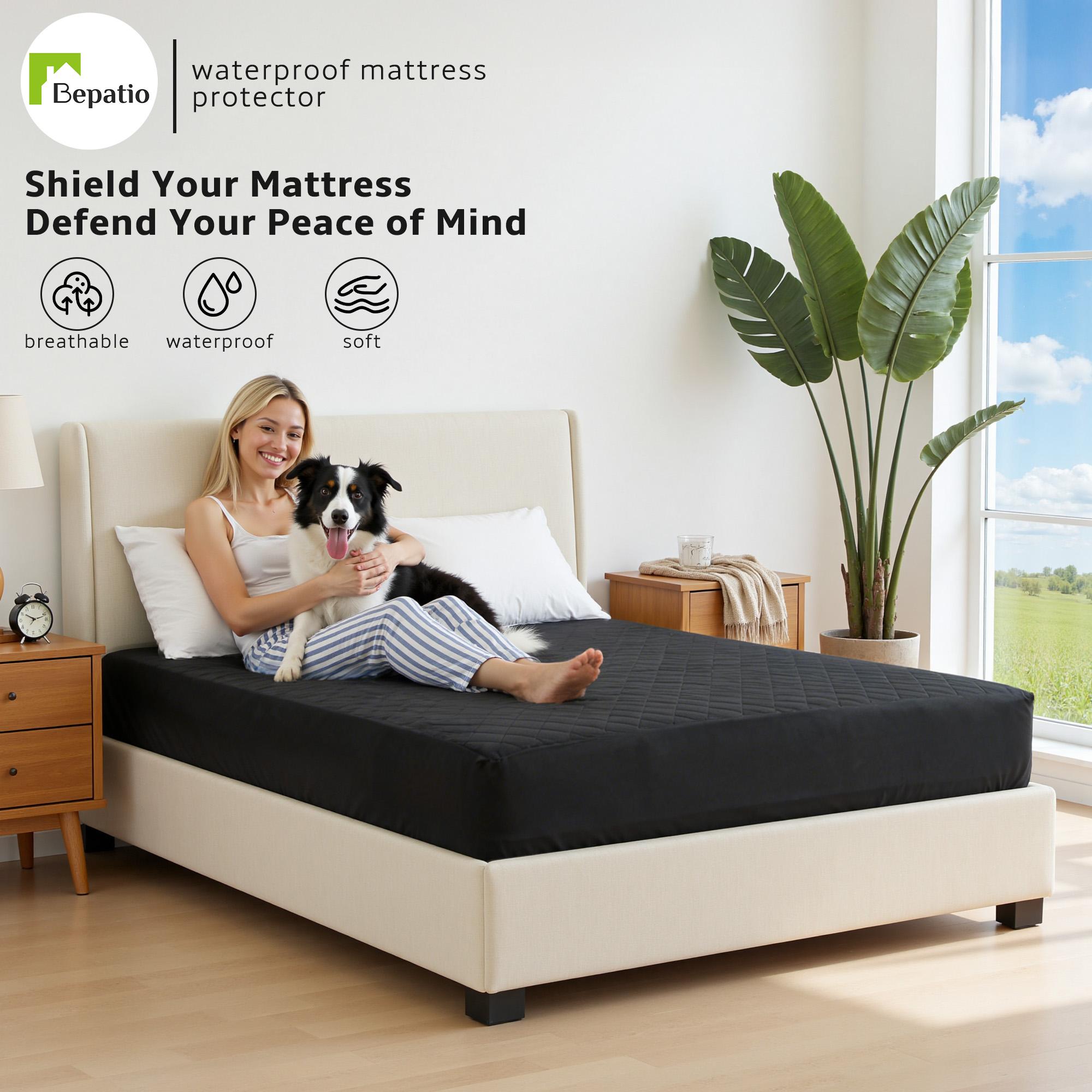 Bepatio Waterproof Mattress Protector For Queen,Twin Size,6''-18'' Deep Pockets Fitted Sheet, Breathable Friendly Fabric & Machine Washable Cooling Bedding Cover for Bedroom, Guest Room,Solid Color, bamboo sheet set