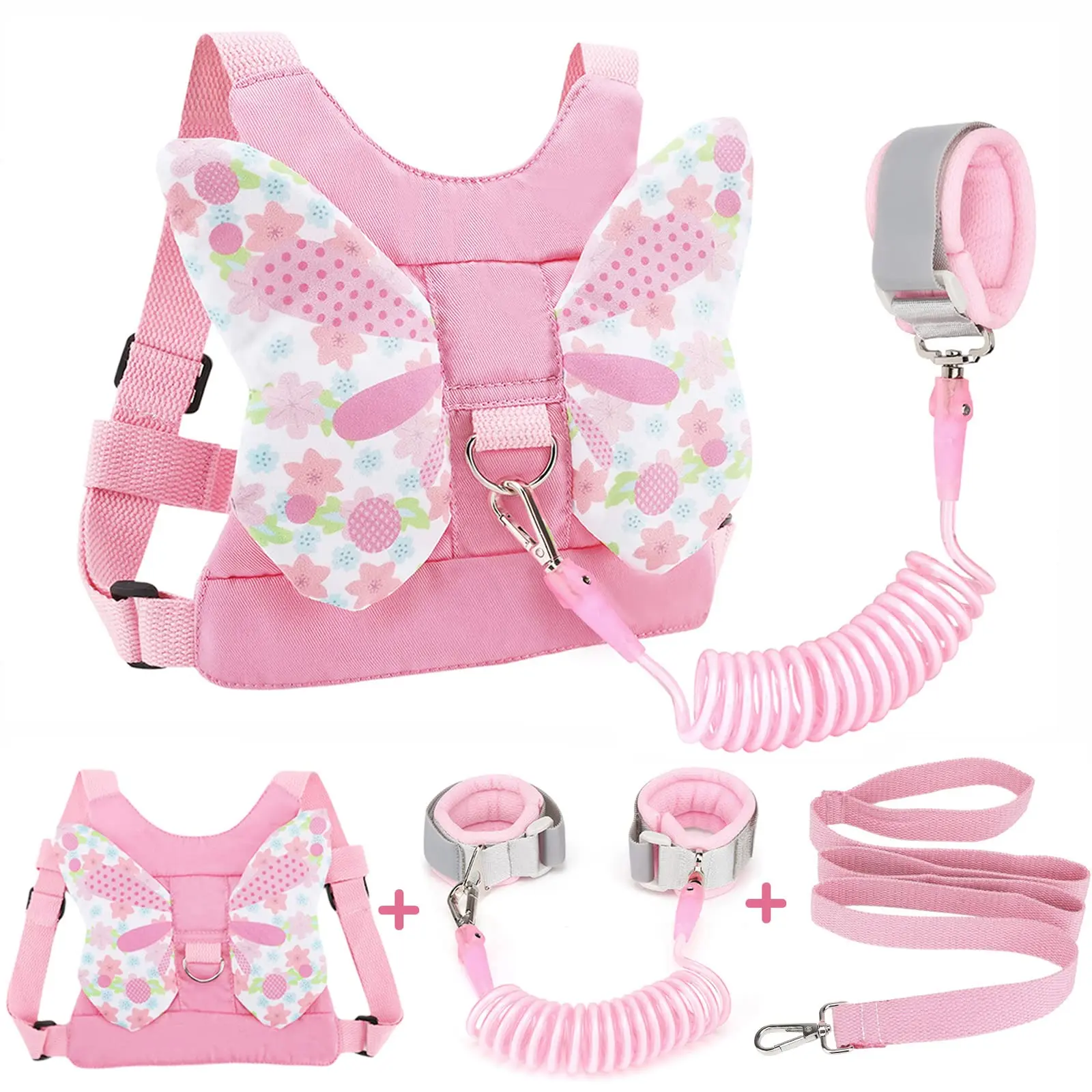 3 in 1 Toddler Harness Leash with Anti Lost Wrist Link Kids Harness for Girls Pink Floral Bow Design Child Leash Baby Cute Belt Strap Hold Kids Close While Walking Mother's Day Gift