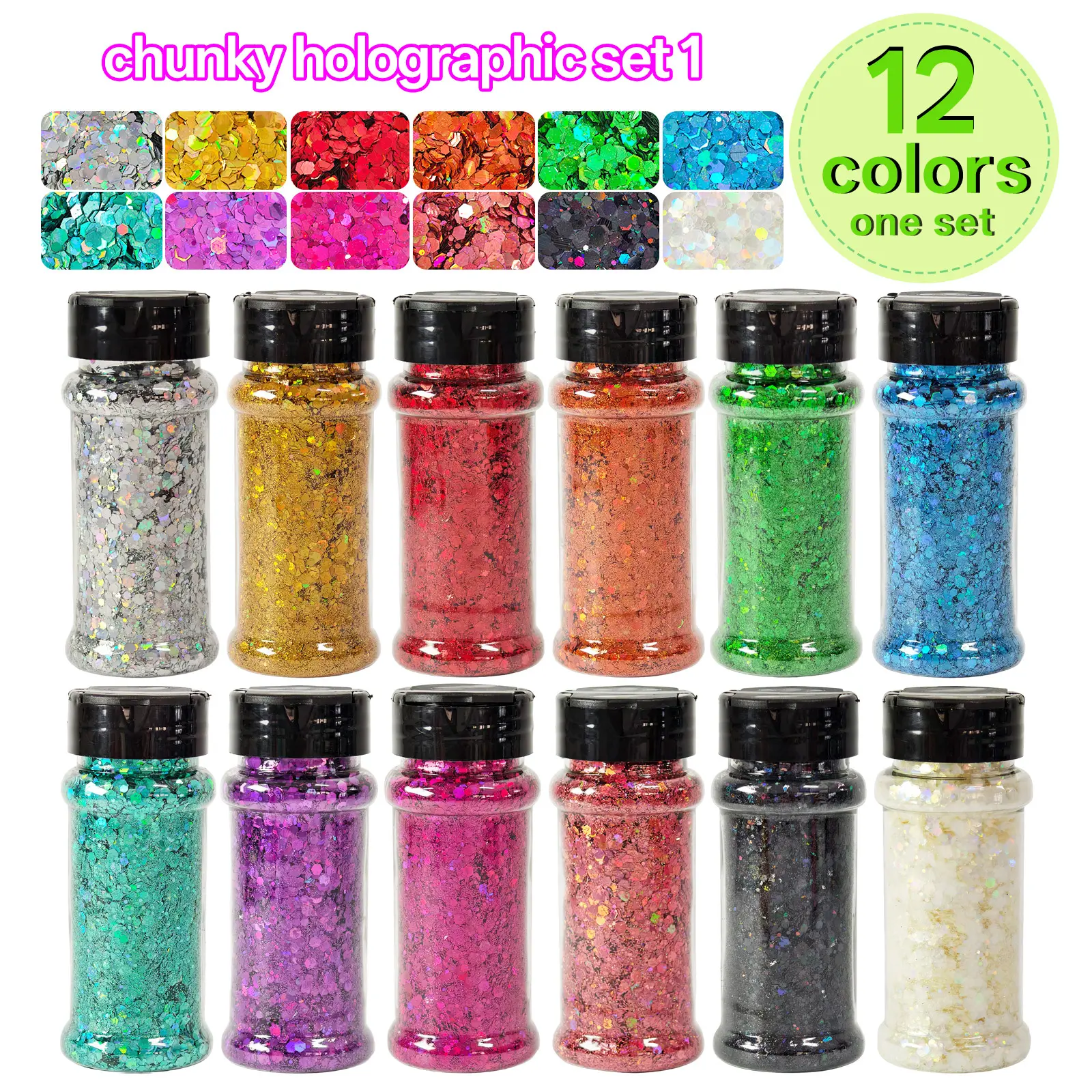 Holographic Craft Glitter Set - 12 Bottles of 1.5oz Ultra Fine Sparkle Glitter for DIY Craft, Nail Art, Holiday Decorations (Home & Festive Party Supplies), Nail Supplies, Diy Decor