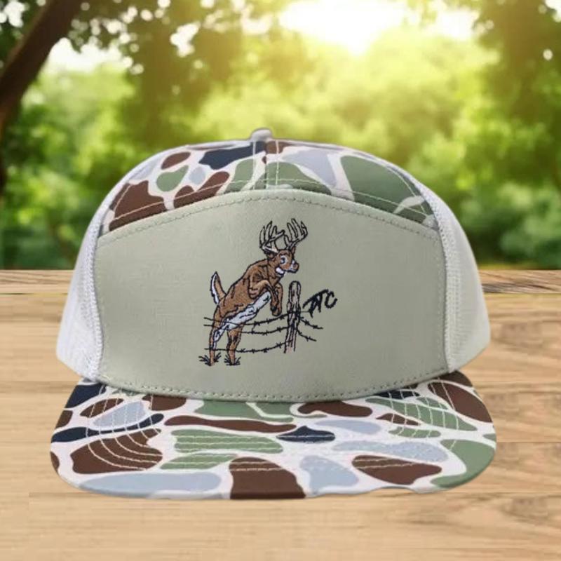 Whitetail Deer 7 Panel Hat | Fence Jump Embroidery Design | Bottomland Camo Flat Bill Trucker Cap | Hunting Mesh Snapback