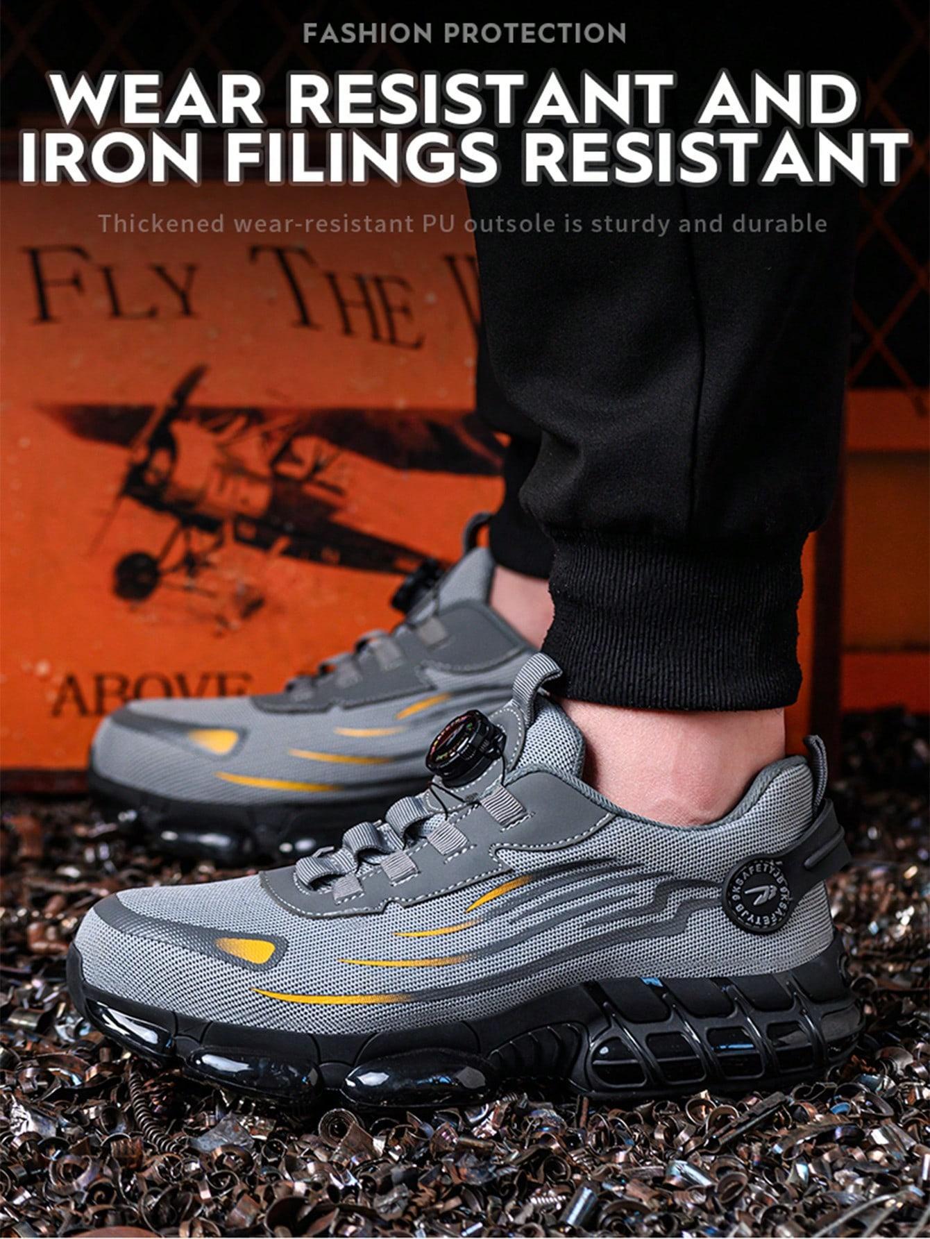 Men's Breathable Mesh Work Sneakers Durable Anti-Slip Safety Shoes with Steel Toe Protection Comfort Fit for All Seasons Casual Striped Design Elastic Closure Non-Slip EVA Sole Black Gray Soft Bottom Fabric Upper TPU Outsole