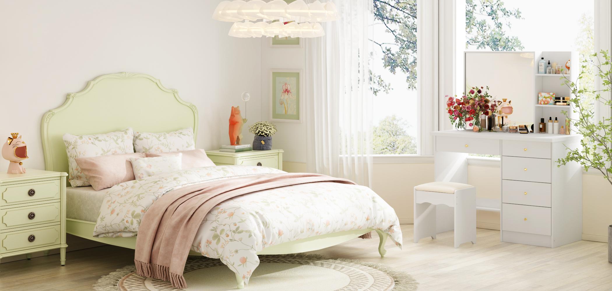 FUFU&GAGA Large Vanity Table Set Makeupdesk Dressing Table with Mirror Dresser Desk and Cushioned Stool Set (Slidding Lighted Mirror)