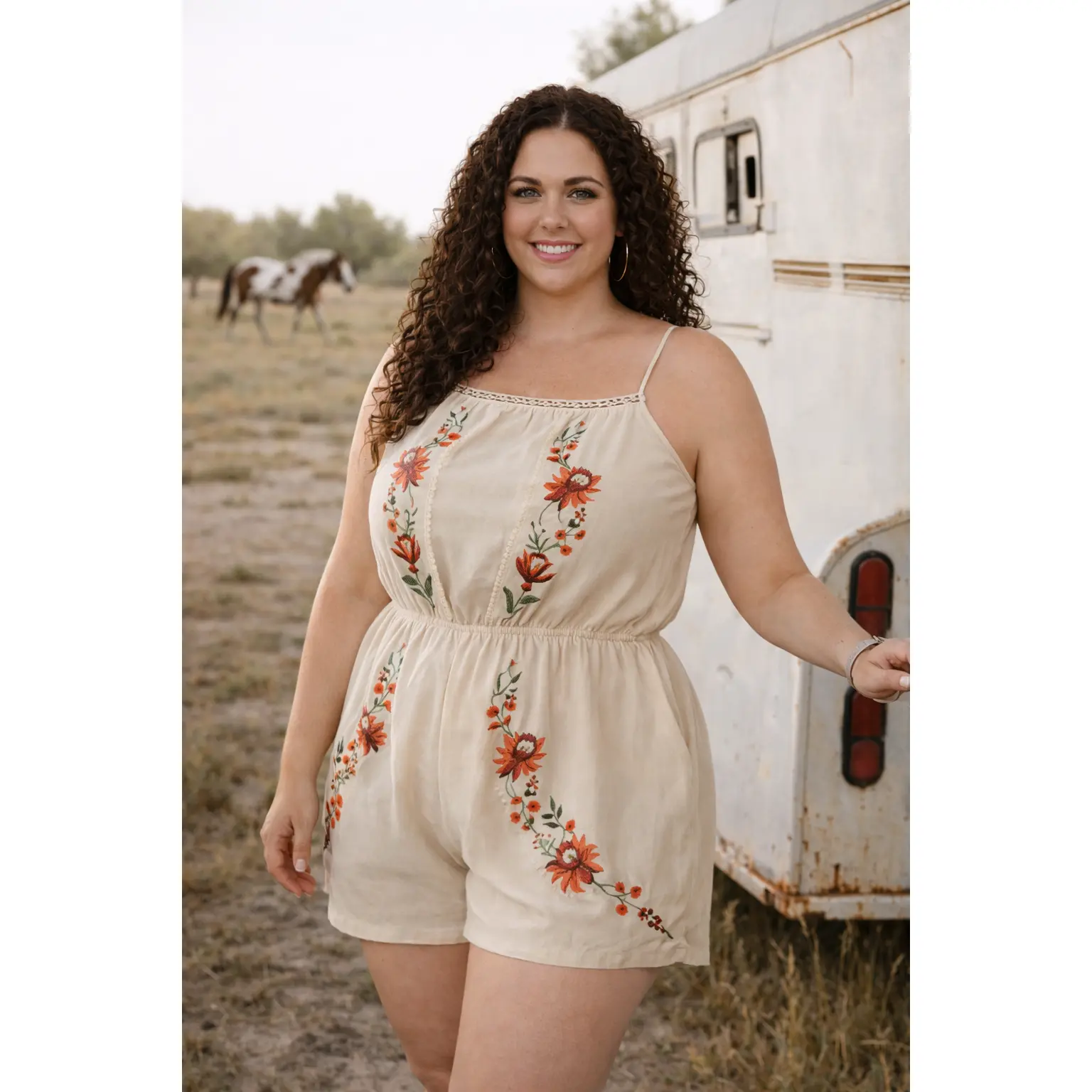 Women's Plus Size Cowboy Rayon-Polyester Romper - Stitch Floral Embroidery, Smooth Ruffle Wrap Front, Adjustable Spaghetti Straps, Turquoise Option, Overalls, Fit, Comfortable, Wrapfront, Ruffles, Piece, Flowers, Sleeveless, Allseasons
