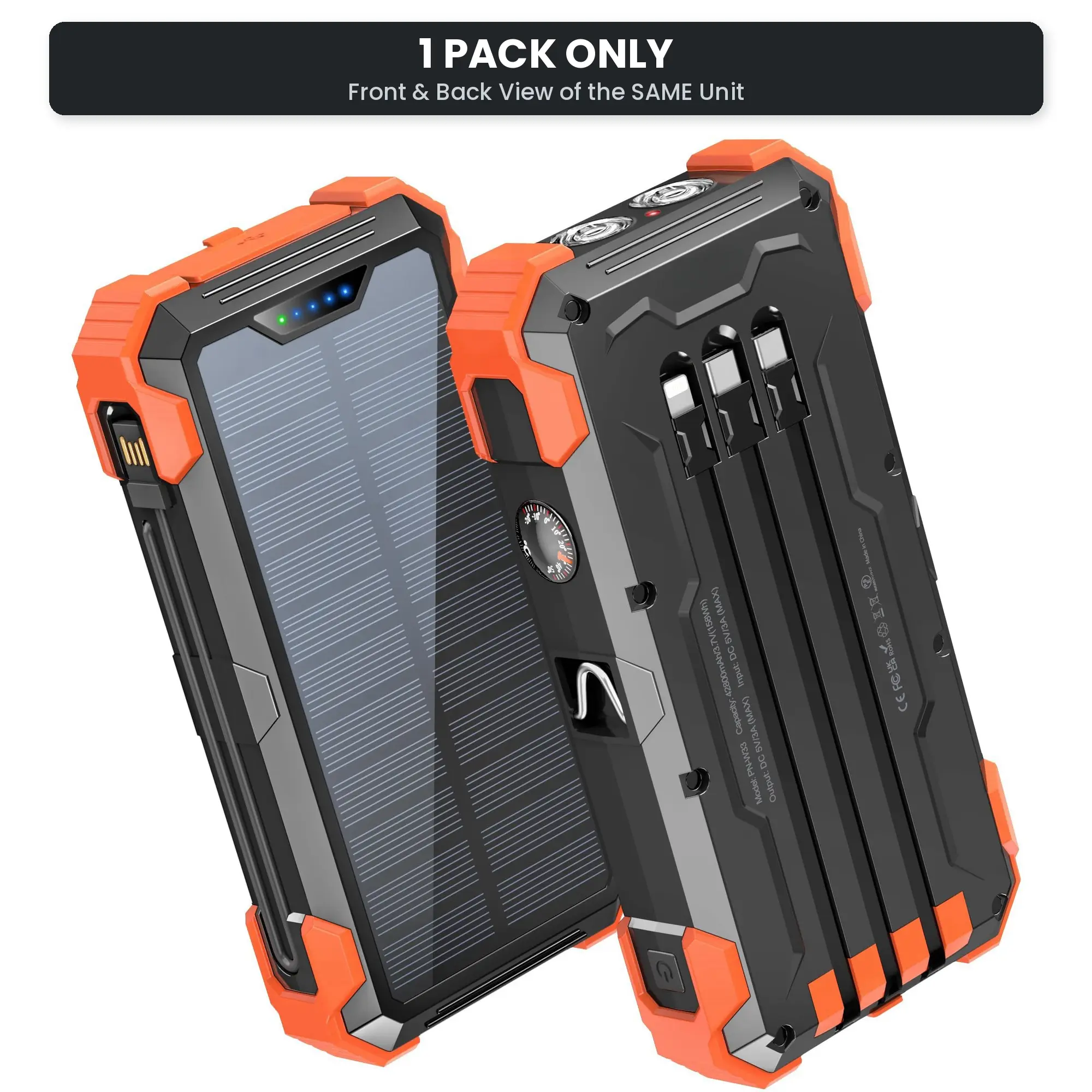 [1-Pack] 42800mAh Power Bank w/ Built-in 4 Cables, Thermometer, 15W Fast Charge, Solar Charger, 5/3 Ports, SOS Light, IR Indicator & Carabiner for Phone Smartphone
