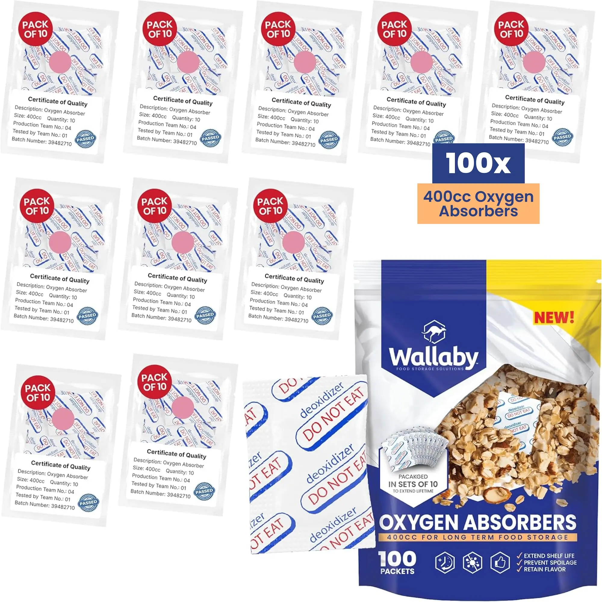 Wallaby FDA Food Grade 400cc Oxygen Absorbers (100-Count) - 10-Pack Heat-Sealed Packs, 1-Gal Ready, Zipper Seal Keeps Tidy for Airtight Mylar/Kitchen Containers, Maintains Freshness for Grains & Spices, Ideal for Food Storage Enthusiasts