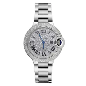 Cartier Ballon Bleu 33mm W6920084 Stainless Steel Automatic Watch, Custom Pave Diamond Dial and Bezel WHT029894