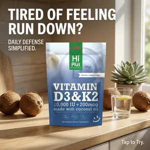 HiPlus Vitamin D3 and K2 High Potency 10,000 IU 200 mcg Promotes Daily Wellness and Calcium Absorption, High Dose Vitamin, Natural Wellness, Daily Essential, 300 Softgels