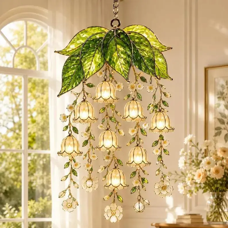 Cottagecore Lily of the Valley Flower Hanging Suncatcher, Handcrafted Stained Glass Chandelier Wind Chime Light Fixture, Vintage Floral Aesthetic Room Decor Ornament Gift
