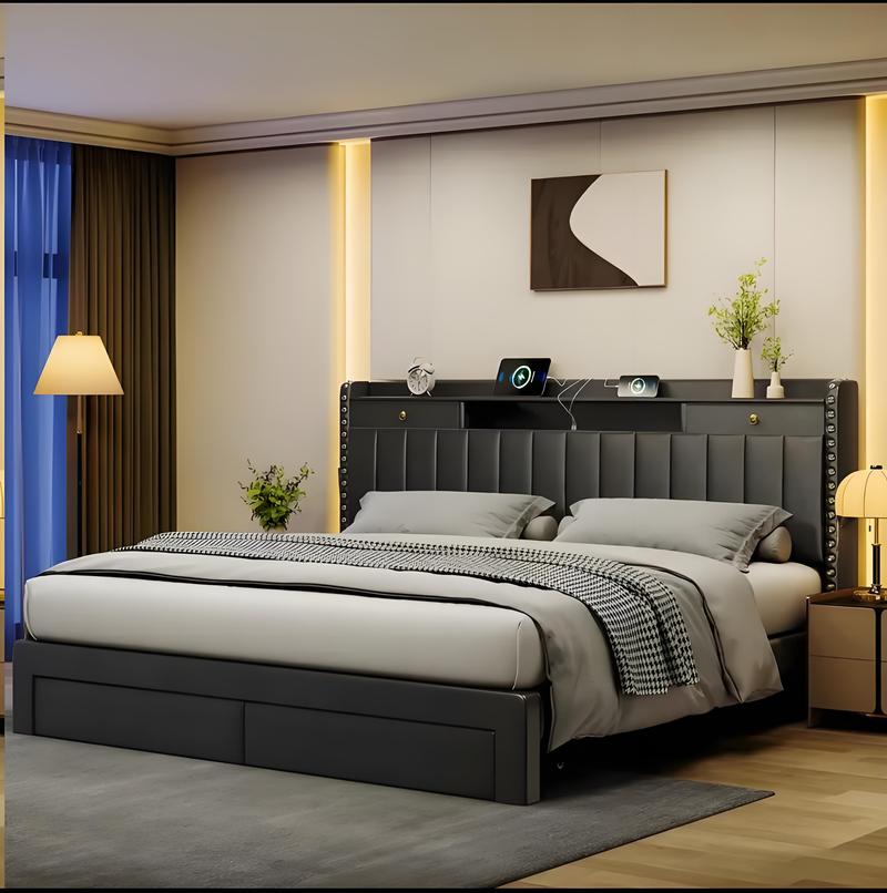 TryLazy Upholstered Flatform Bed Frame with 4 Storage Drawers No MATTRESS Queen Size Wood Slats Holds 900lbs No Noise Rivet Design USB Socket White