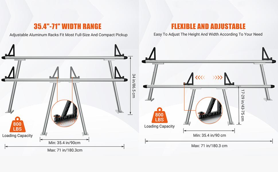 【GARVEE】71" Aluminum Ladder Truck Rack with 800lbs Capacity, Includes 8 Non-Drilling C-Clamps, Heavy Duty Two-Bar Set for Secure Truck Bed Use